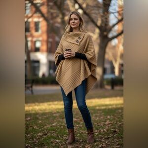 Elegant Tan Poncho with Button Detail